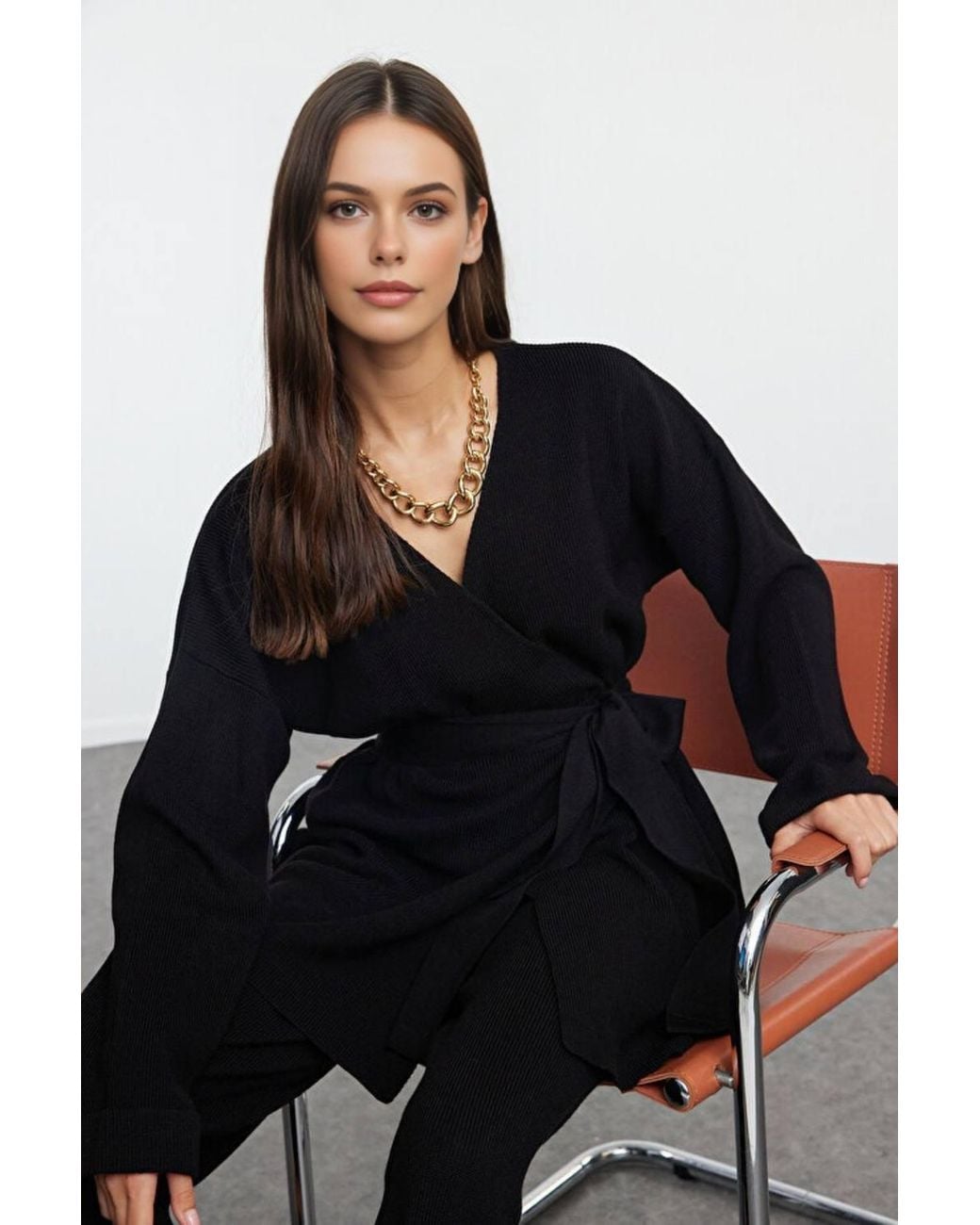 WOVCOR Black Oversized Tie Waist Knit Top & Wide Leg Pants Two Piece Set