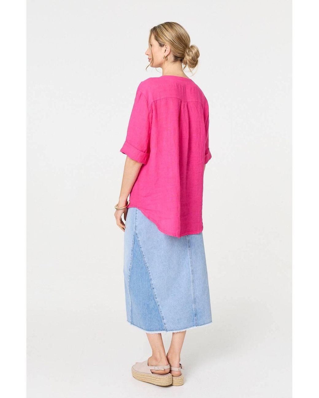 Izabel London Pink Button Detail 1/2 Sleeve V-Neck Blouse