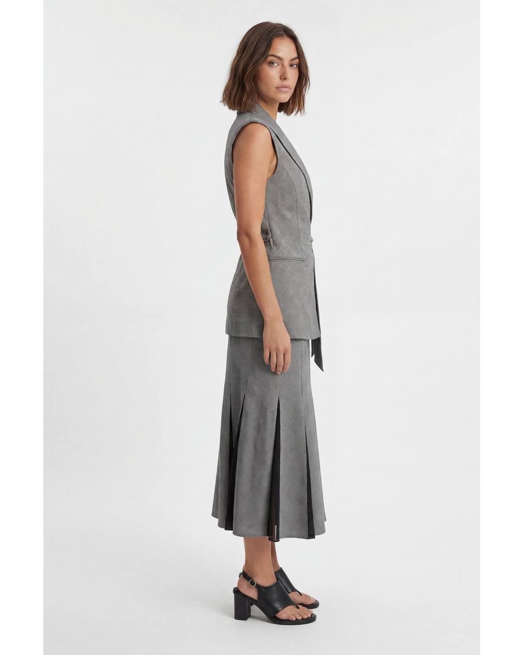 Karen Millen Gray Petite Soft Tailored Check Godet Detail Midi Skirt