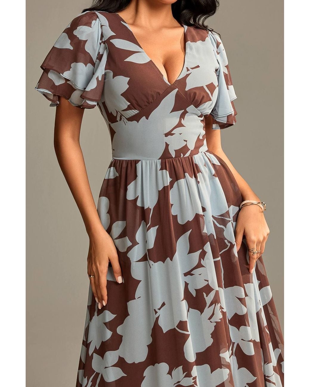 Jolie Moi Brown Layered Angel Sleeved Chiffon Maxi Dress