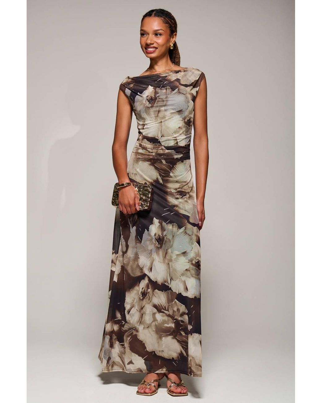 Jolie Moi Brown Multiway Neckline Mesh Maxi Dress