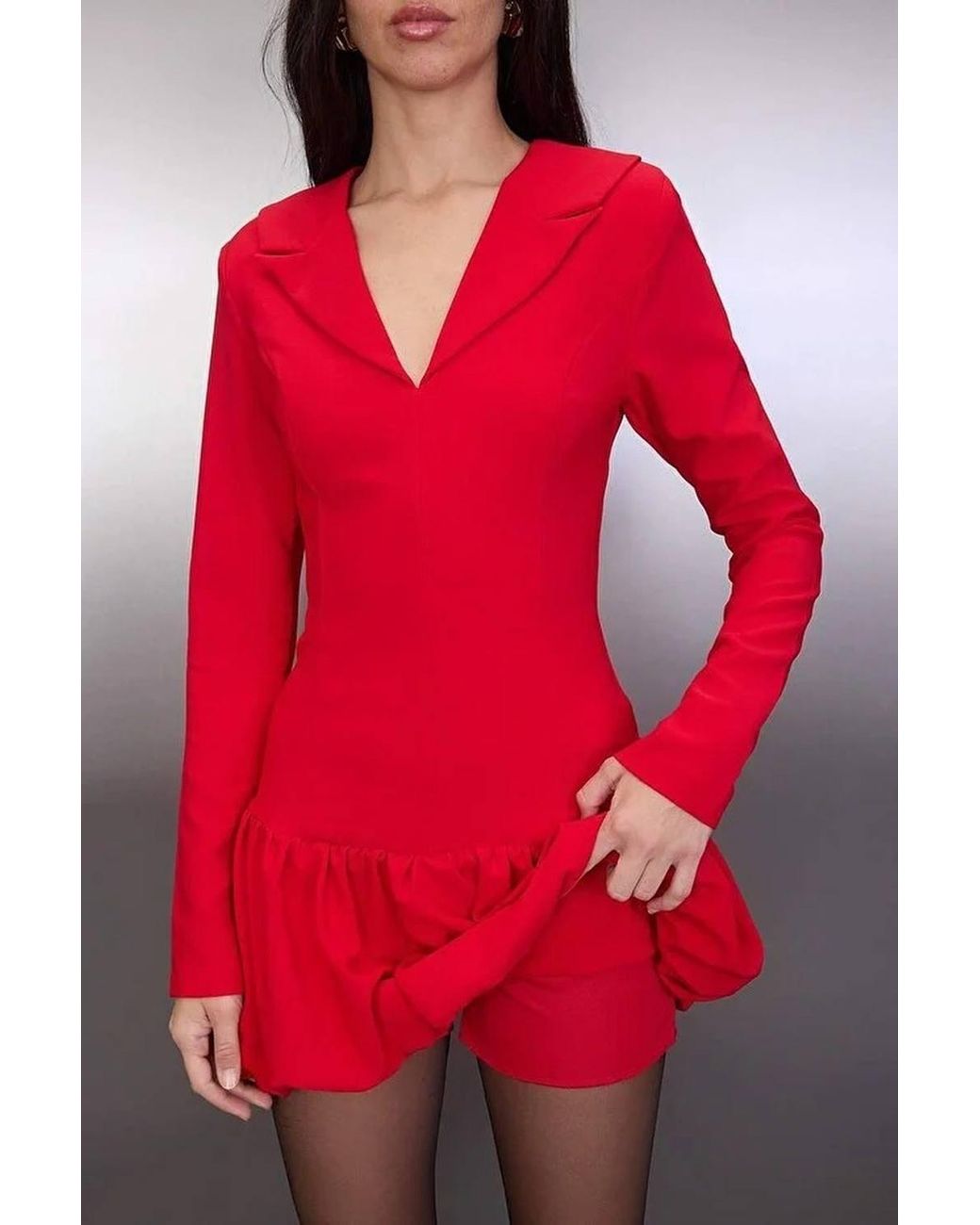 WOVCOR Red V Neck Long Sleeve Balloon Skirt Mini Woven Dress W/ Lined Shorts