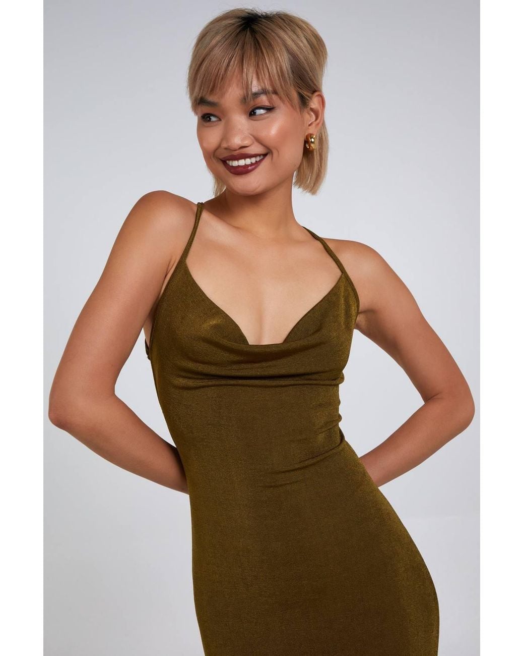 Pink Vanilla Green Slinky Cowl Neck Midi Dress