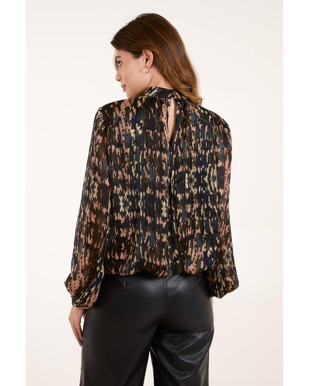 Blue Vanilla Black High Neck Abstract Cuff Sleeve Blouse