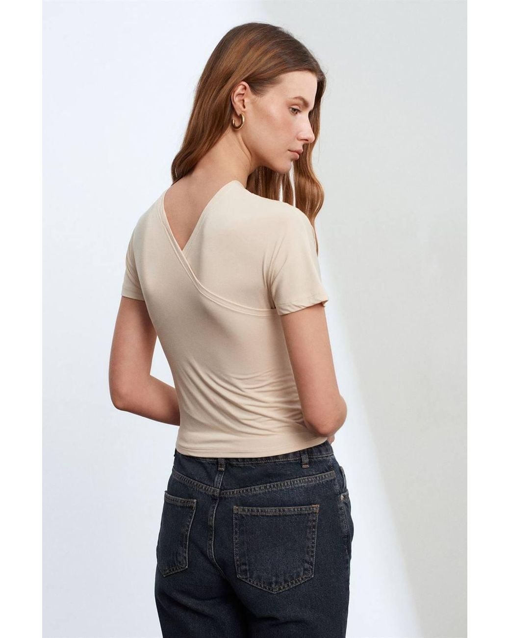 Dilvin Natural Slim Fit V-Neck Jersey Blouse
