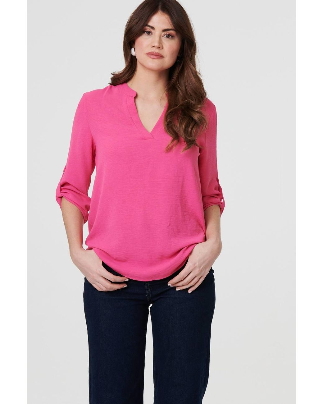 Izabel London Pink 3/4 Turn Up Sleeve Relaxed Blouse