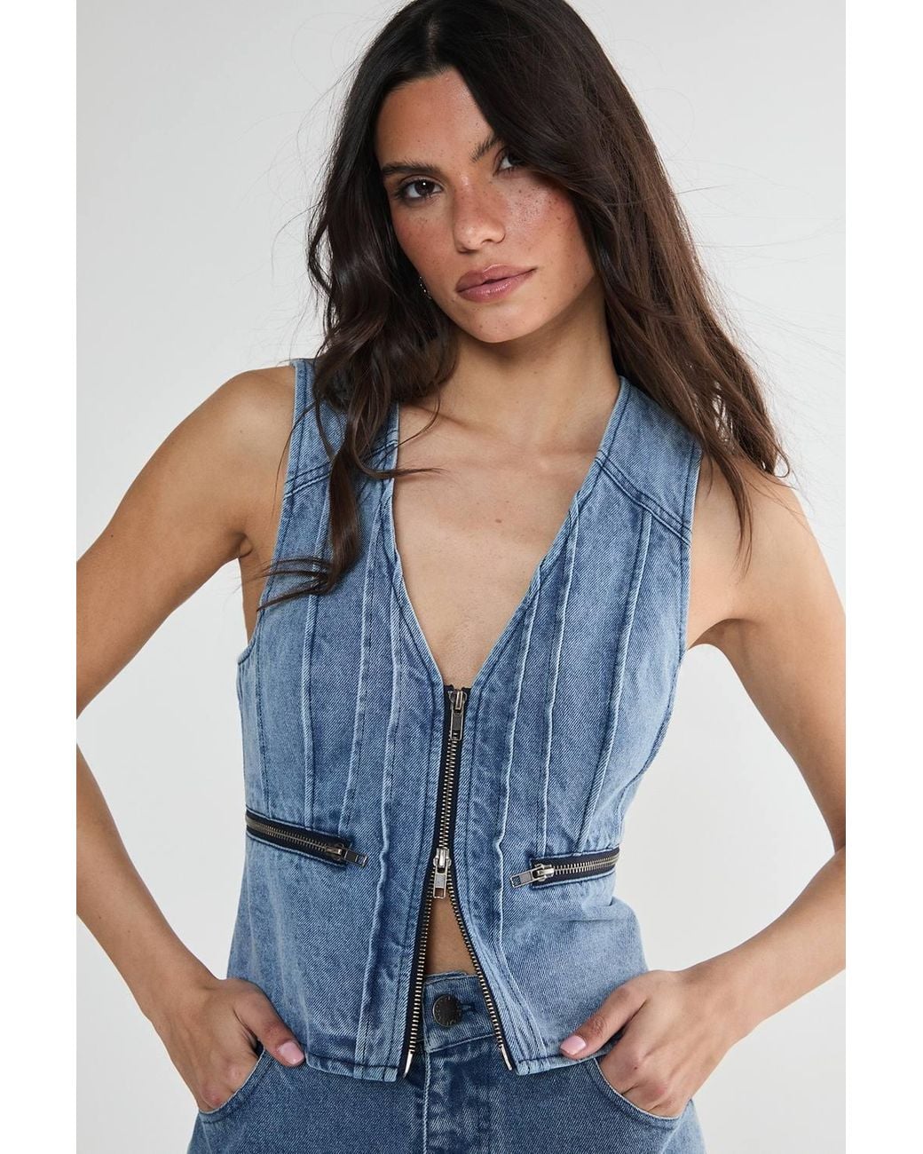 Nasty Gal Blue Denim Seam Detail Zip Waistcoat
