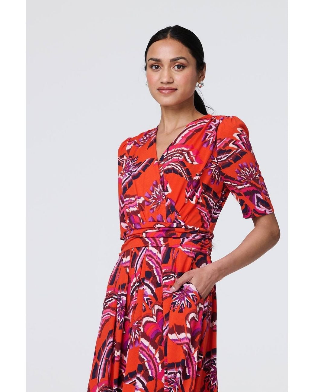 Izabel London Red Tropical Print Faux Wrap Midi Dress