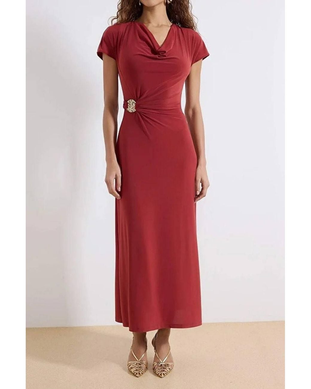 WOVCOR Red Cowl Neck Ruched Hardware Detail Stretch Knit Maxi Dress