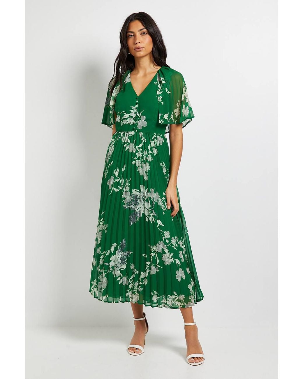 Wallis Green Pleated Cape Sleeve Midi Dress