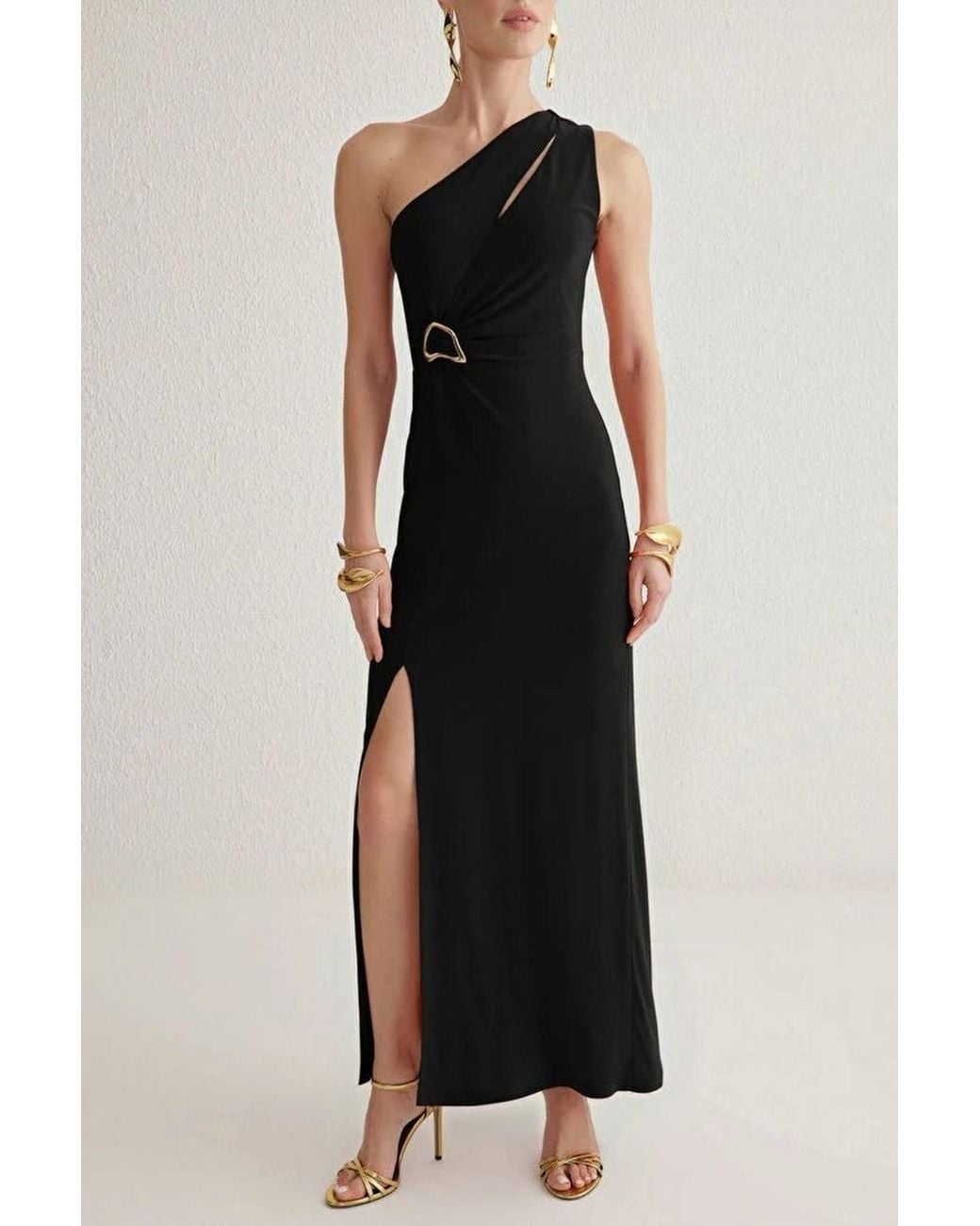 WOVCOR Black One Shoulder Cut-Out Split Maxi Dress