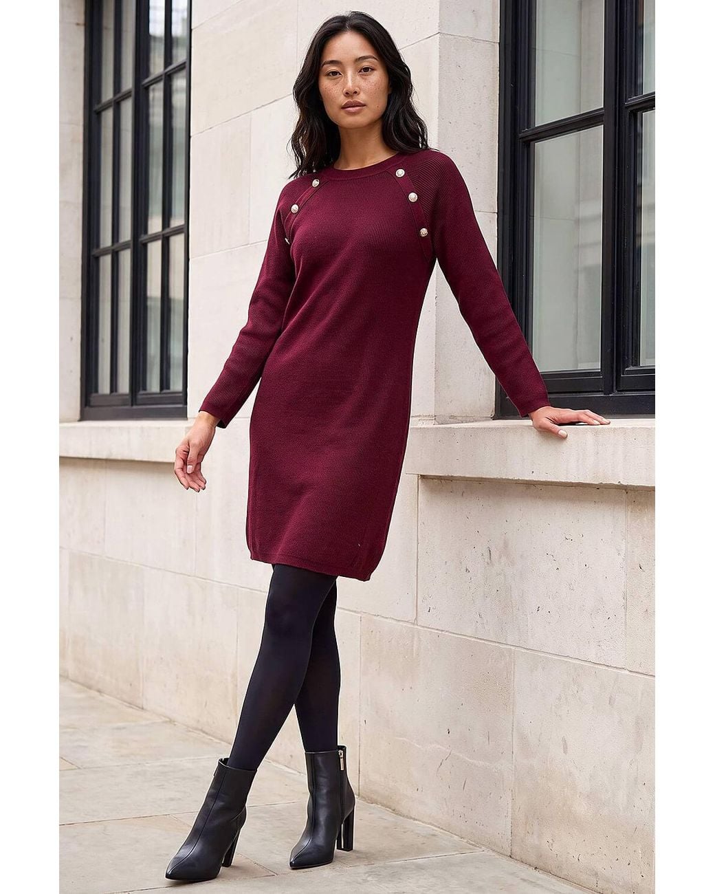 Roman Red Petite Button Detail Knit Dress
