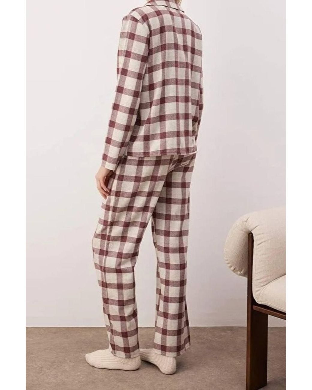 WOVCOR Pink Buffalo Check Revere Collar Long Sleeve Cotton Flannel Pyjama Set