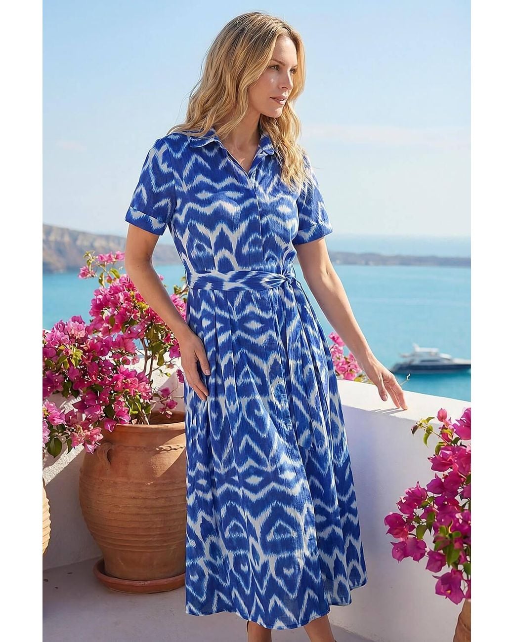 Roman Blue Petite Stripe Tie Waist Shirt Dress