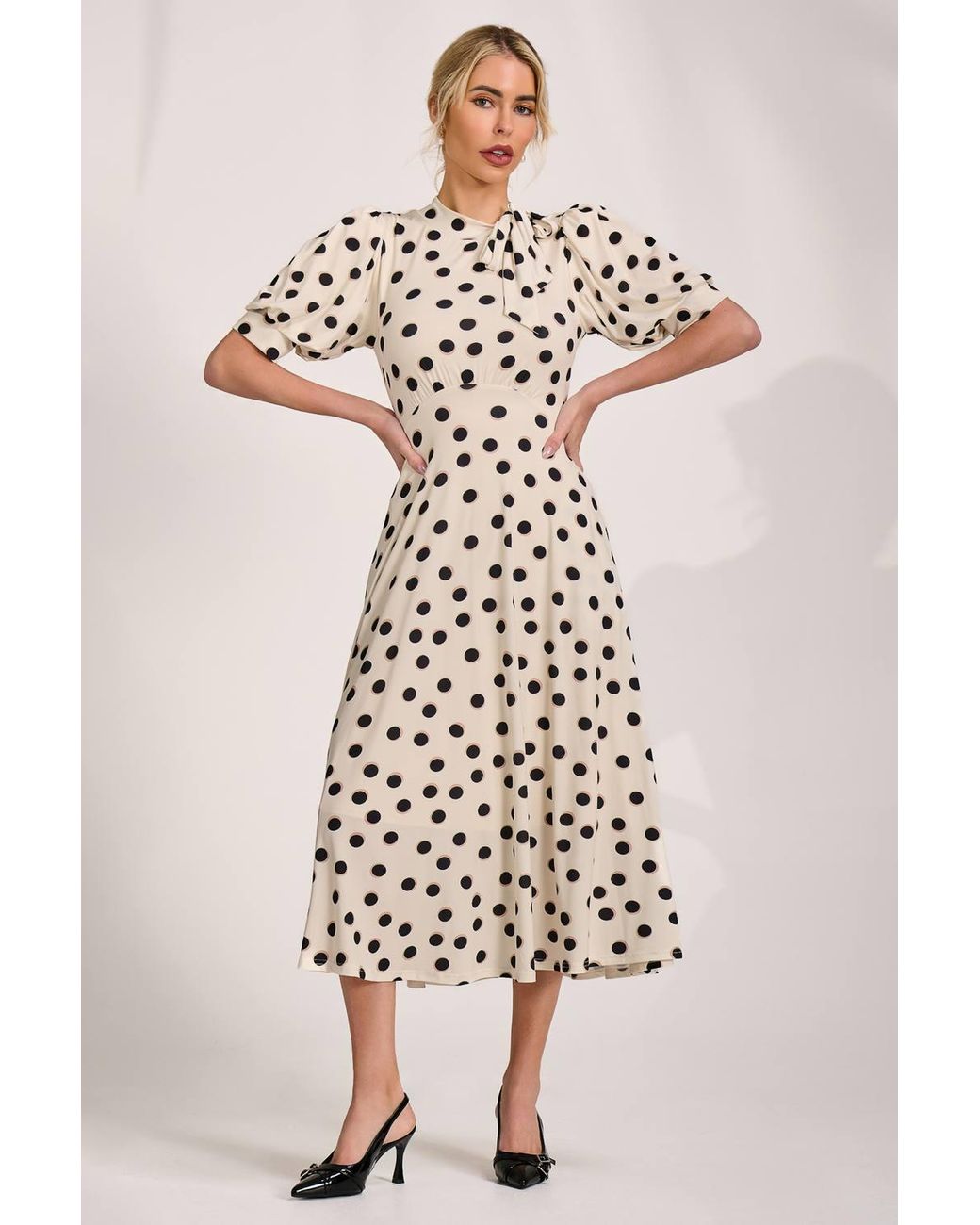 Jolie Moi Natural Tie Neck Puffy Sleeve Jersey Midi Dress