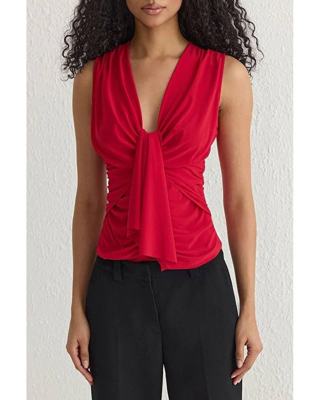 WOVCOR Red Sleeveless Drape Detail V Neck Knitted Blouse