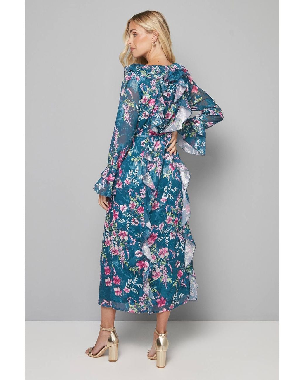 Wallis Blue Petite Floral Ruffle Belted Midaxi Dress