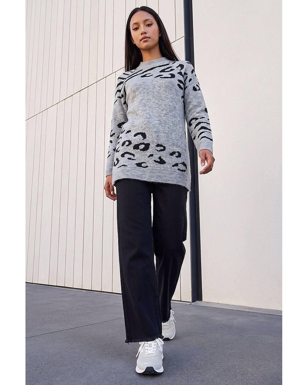 Roman Blue Petite Animal Print Longline Stretch Jumper