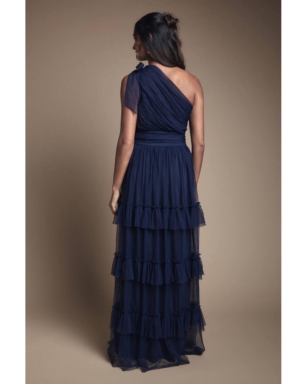 Oasis Blue Pleated Mesh One Shoulder Tiered Maxi Bridesmaid Maxi Dress