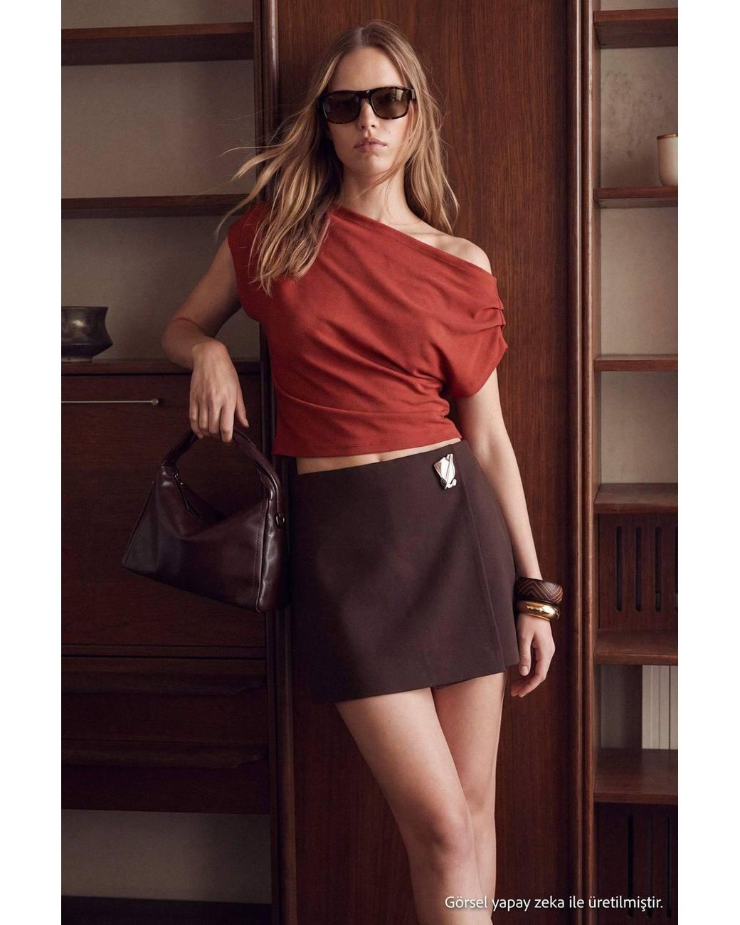 WOVCOR Red Asymmetric Neckline Relaxed Fit Dropped Sleeve Blouse