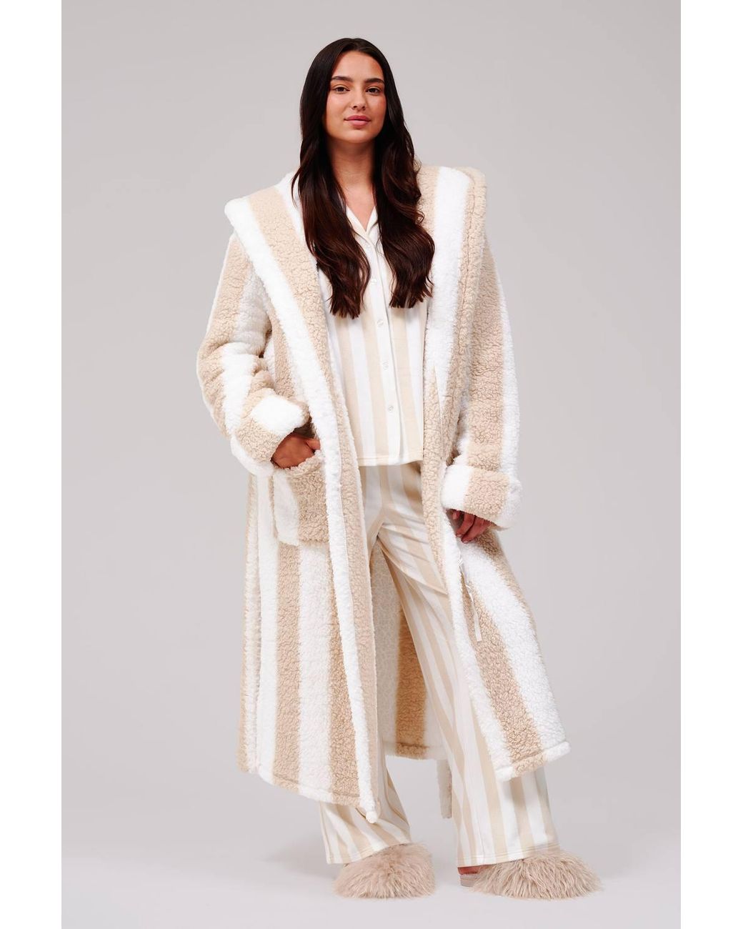 Loungeable Natural Chunky Sherpa Stripe Midi Hooded Dressing Gown