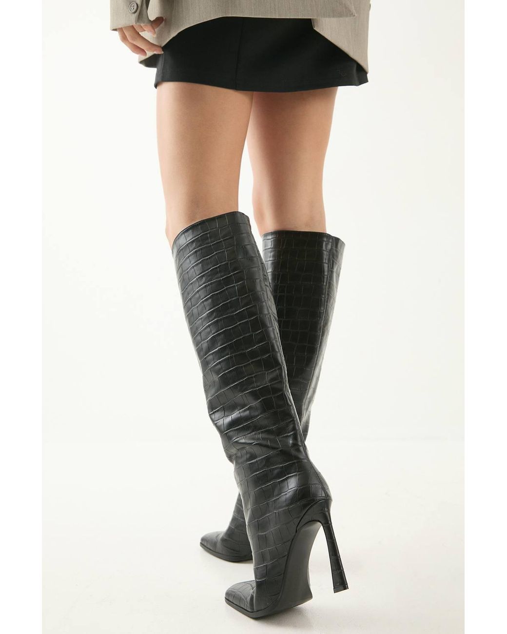 MissPap Black Faux Croc Leather High Flared Stiletto Heel Knee Boots
