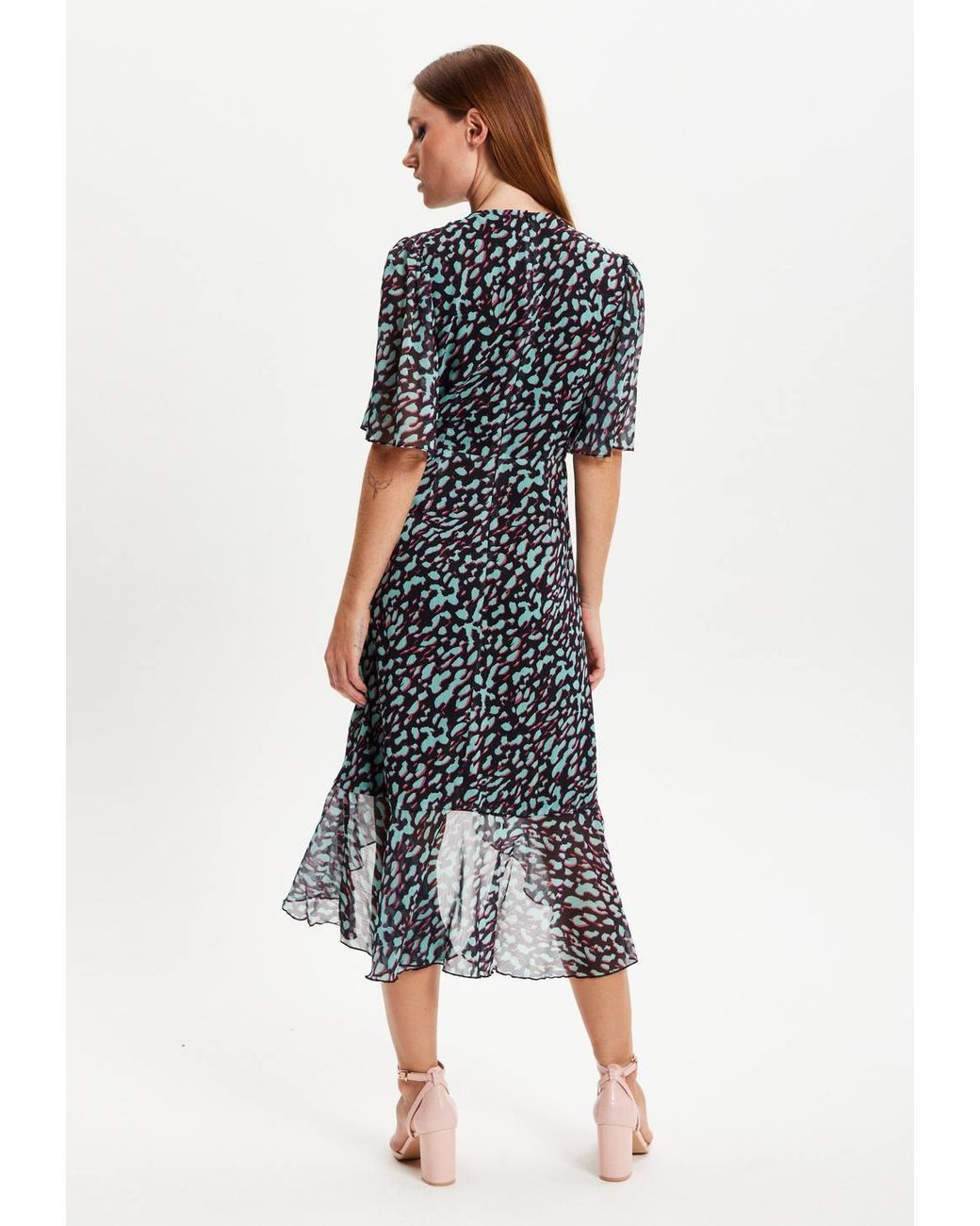 Liquorish Blue Animal Print Organza Double Breasted Midi Dress