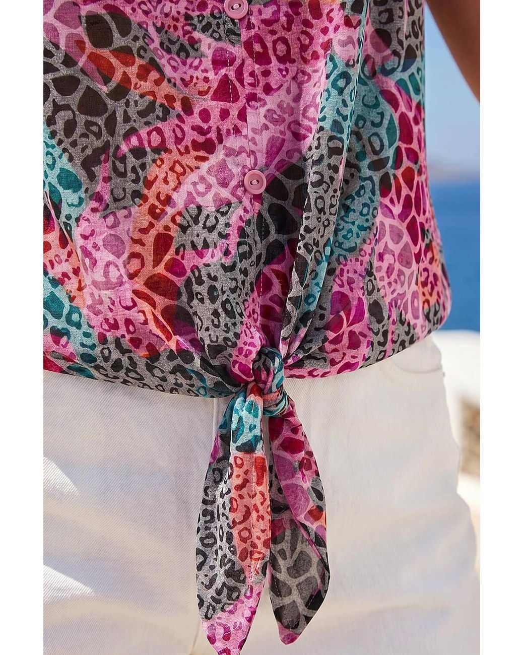 Roman Red Print Tie Front Button Top