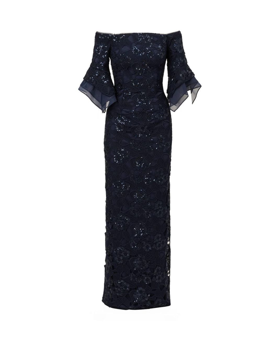 Adrianna Papell Blue Sequin Lace Combo Column Gown Dress