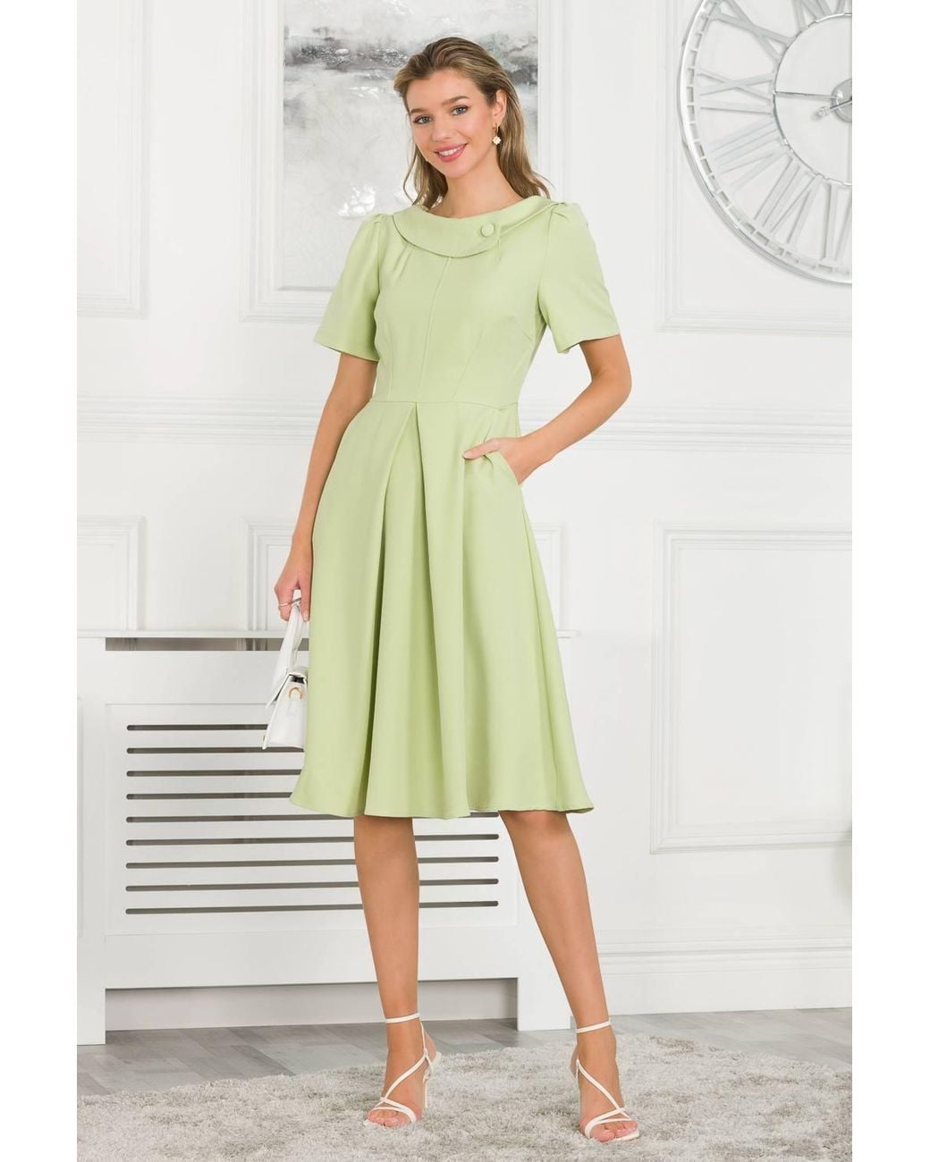 Jolie Moi Green Debora Button Neck Dress