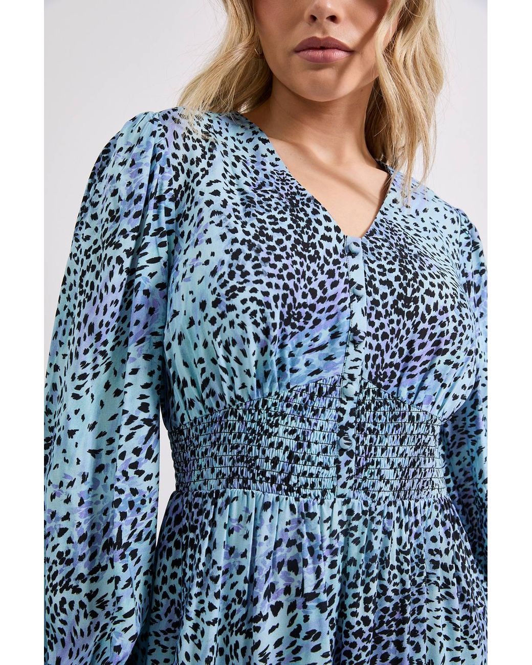 Dorothy Perkins Blue V Neck Button Front Detail Printed Midi Dress