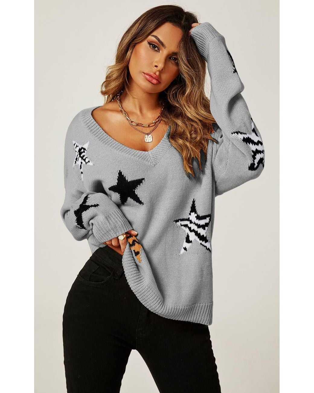 FS Collection Gray Relaxed Soft V Neck Animal Star Pattern Jumper Top