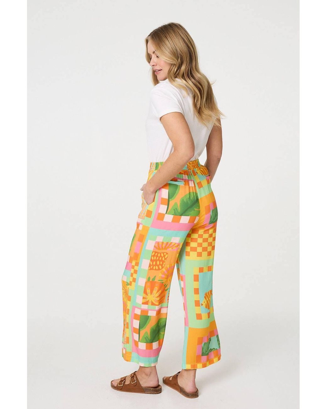 Izabel London Orange Tropical Tile Print Wide Leg Trousers