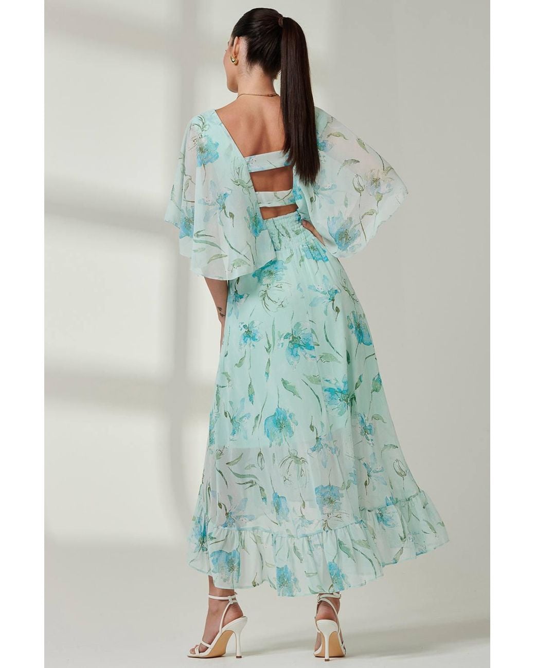 Jolie Moi Green Frill V-Neck Chiffon Maxi Dress