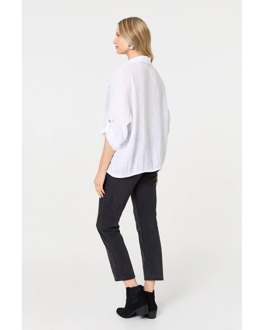 Izabel London White Sequin Detail 3/4 Turn-Up Sleeve Shirt