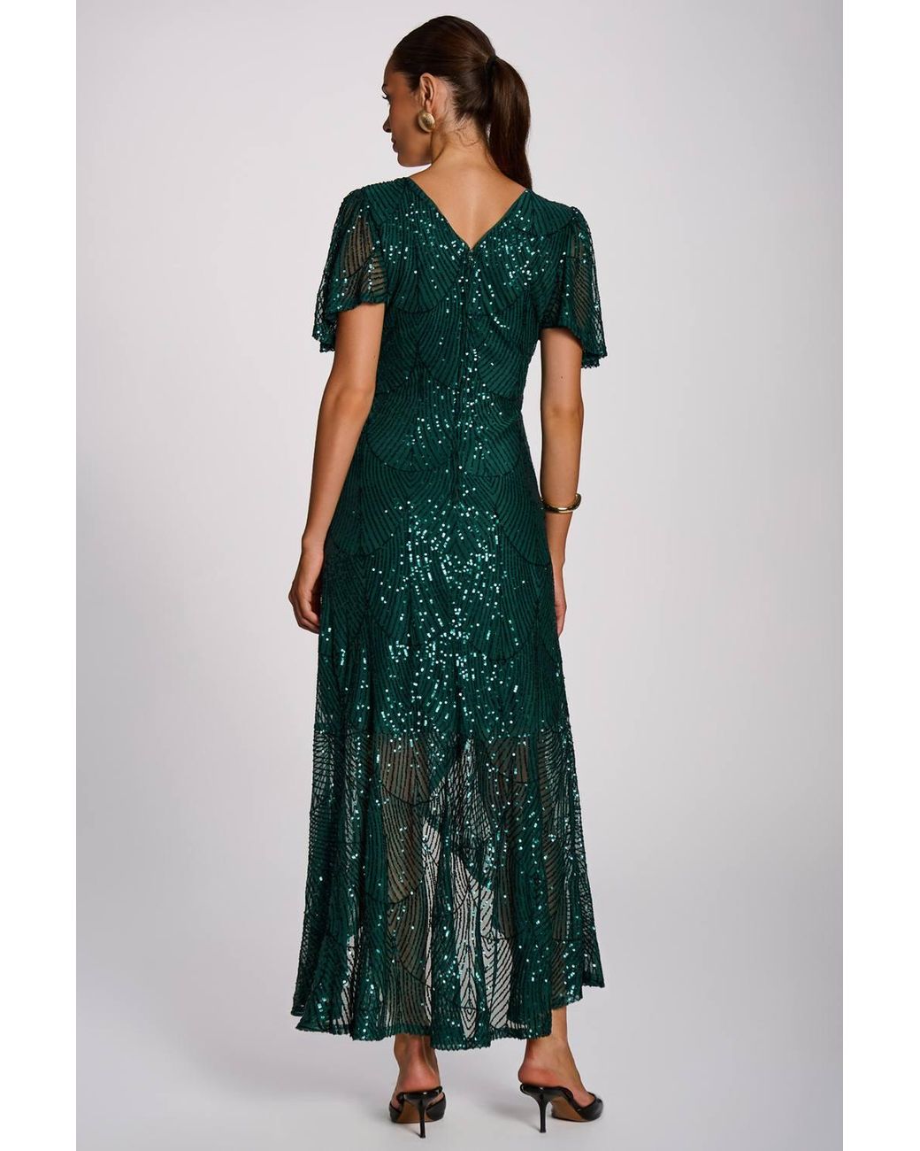 Jolie Moi Green Sequin Angel Sleeve Flare Hem Maxi Dress
