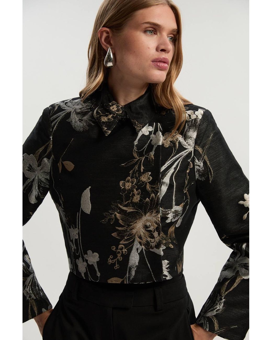 Karen Millen Black Floral Jacquard Tailored Jacket