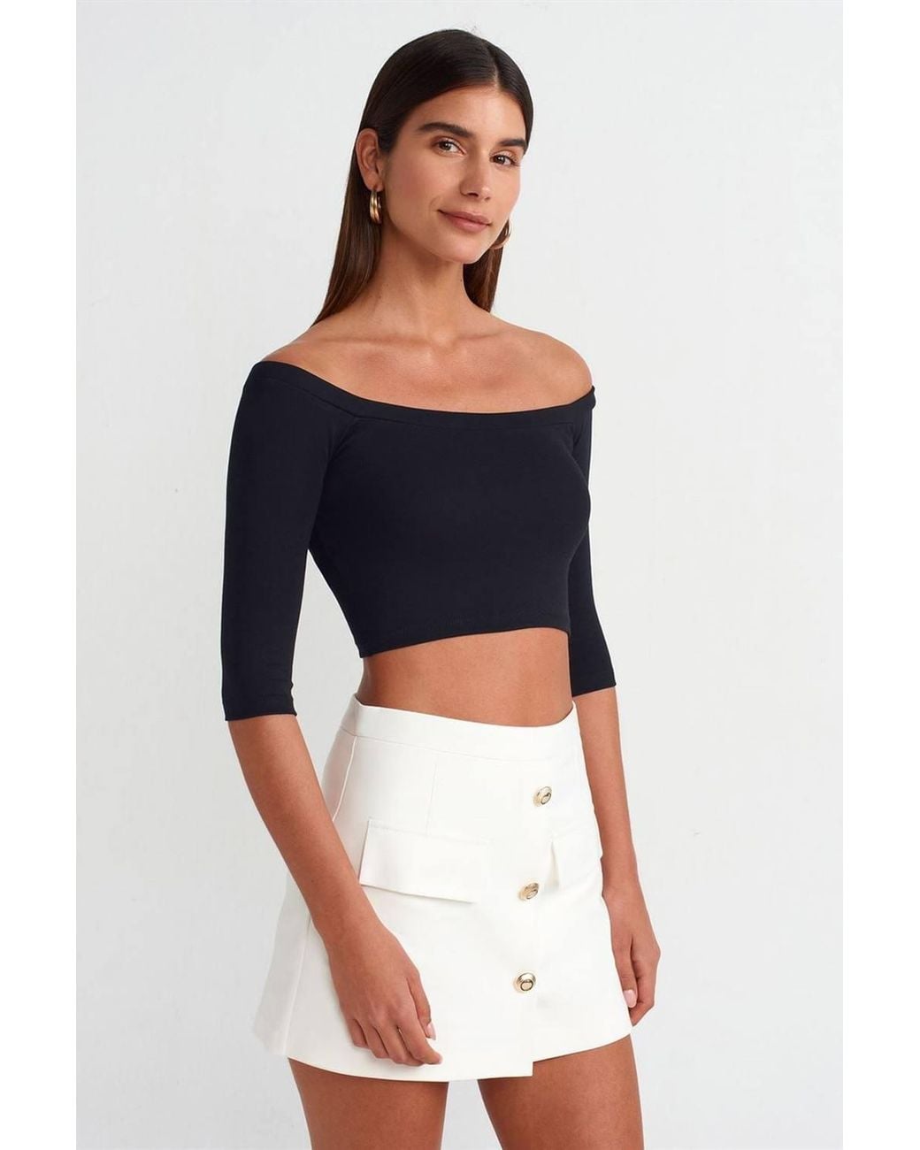 Dilvin Blue Off-Shoulder Crop Blouse
