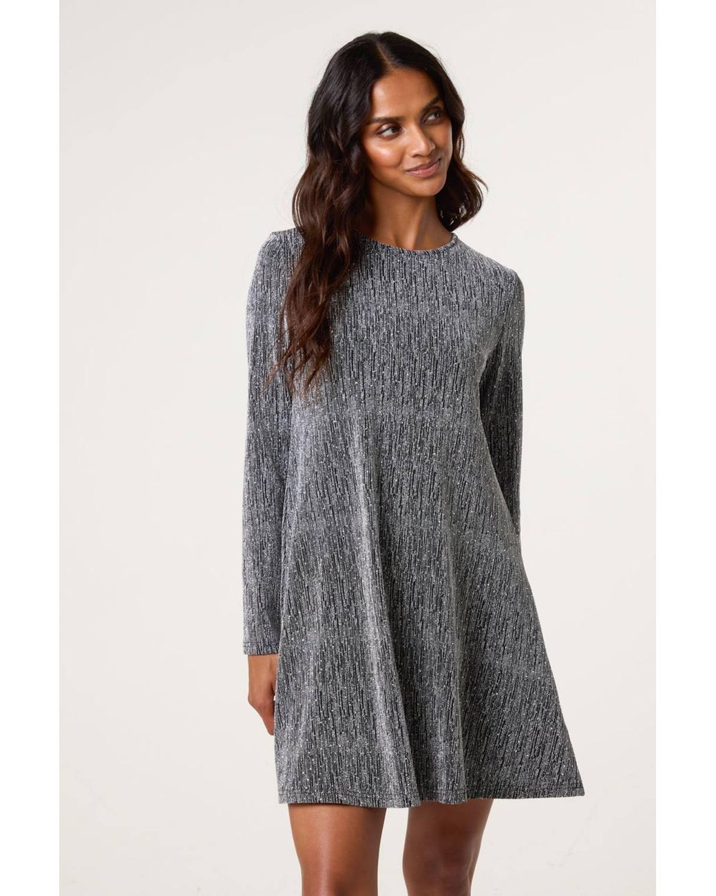 Blue Vanilla Gray Long Sleeve Slip On Round Neck Mini Dress