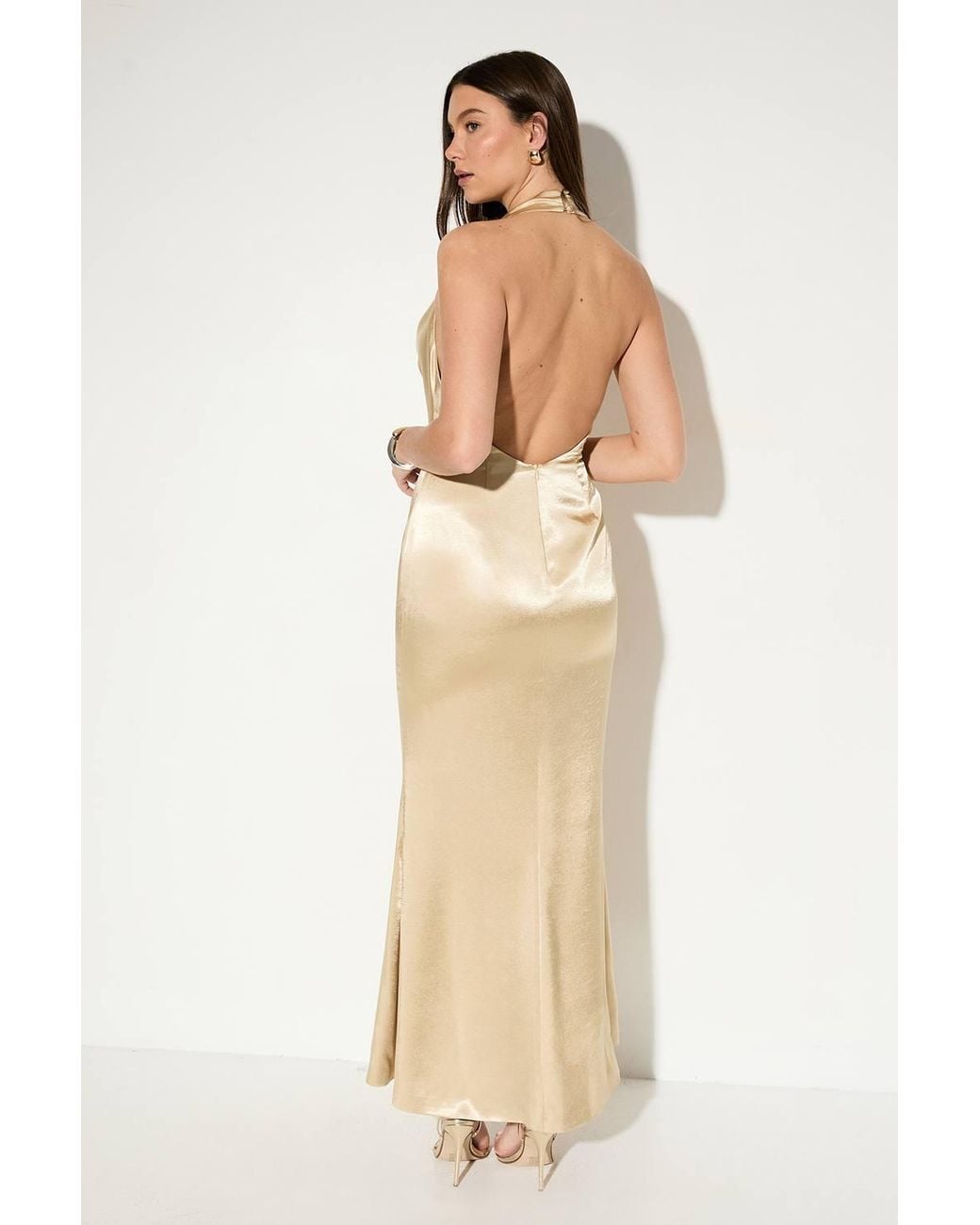 MissPap Natural Premium Plunge Cowl Open Back Satin Maxi Dress