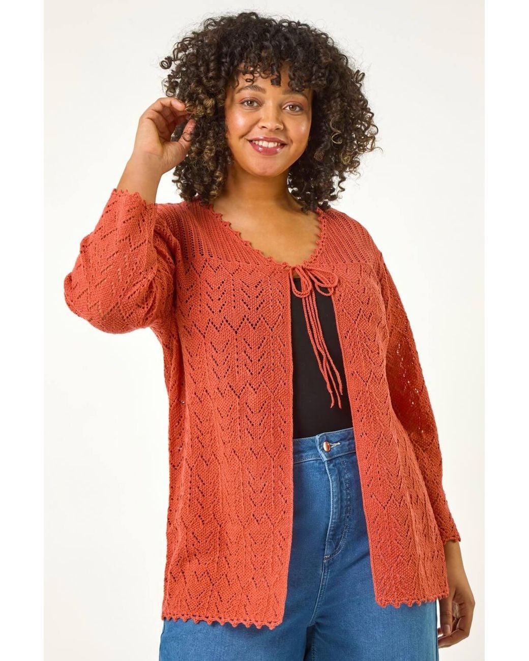 Roman Red Curve Crochet Tie Front Cardigan
