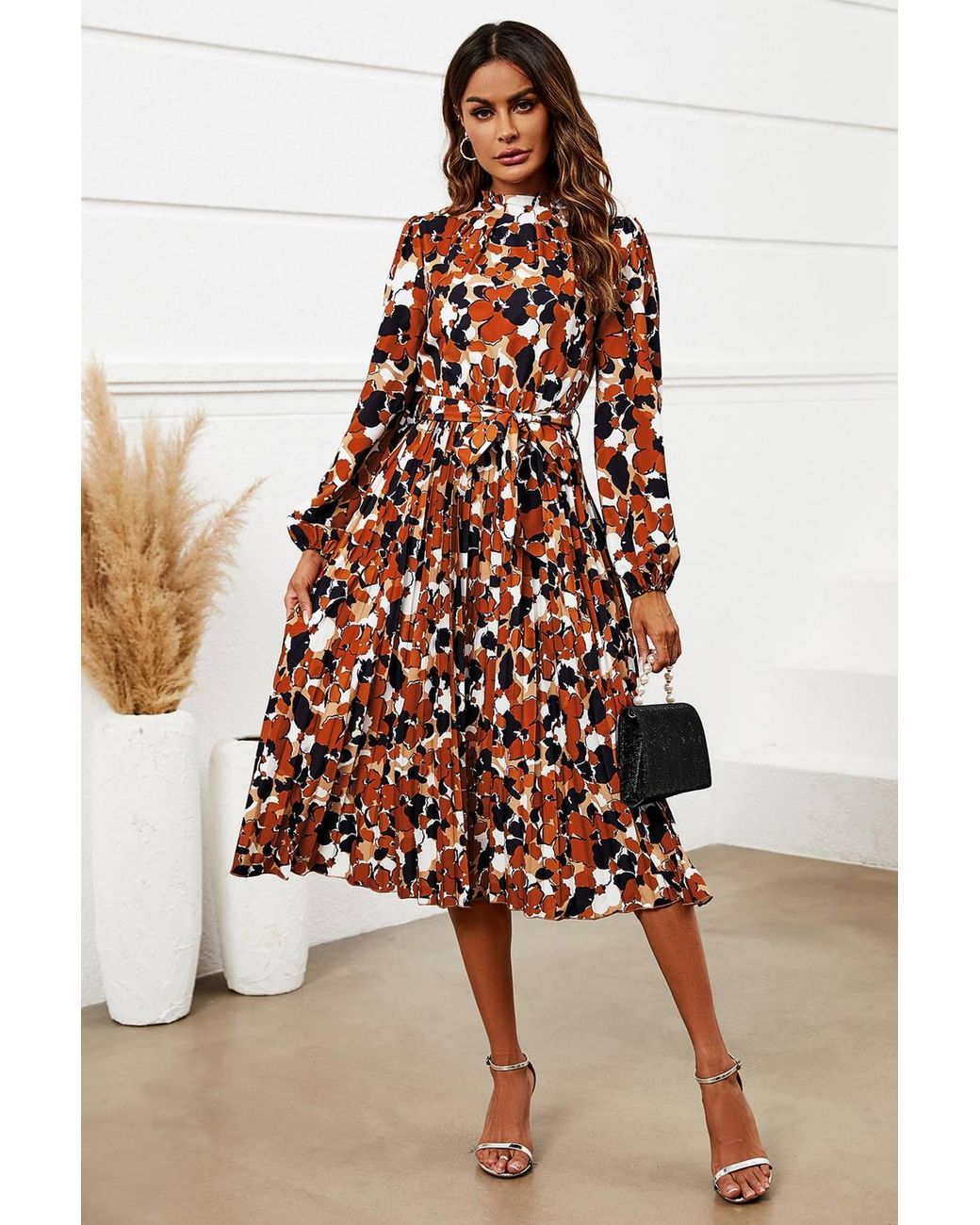 FS Collection White Floral Print High Neck Long Sleeve Midi Dress
