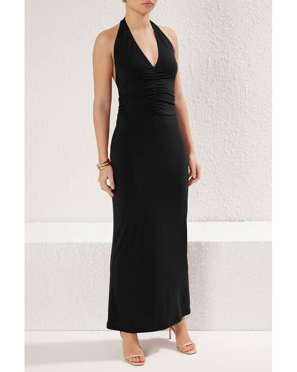 WOVCOR Black V Neck Drape Detail Bodycon Maxi Dress