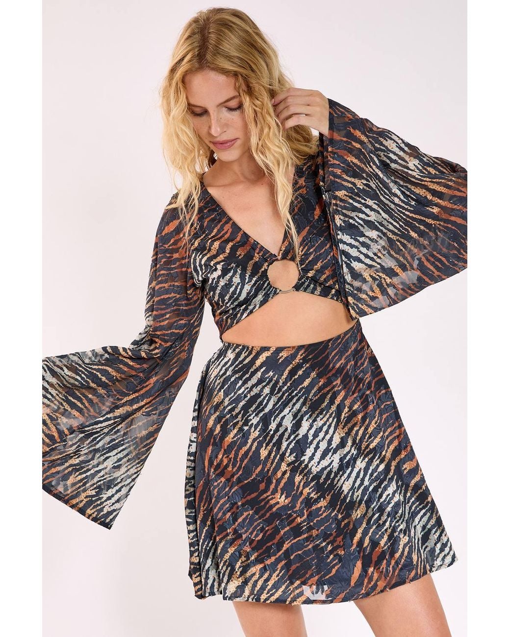 Nasty Gal Black Animal Burnout Ring Cut Out Flared Sleeve Mini Dress