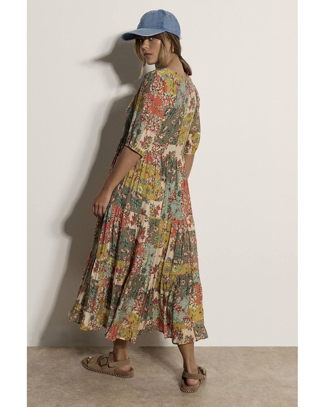 Apricot Green Patchwork Floral Midi Dress