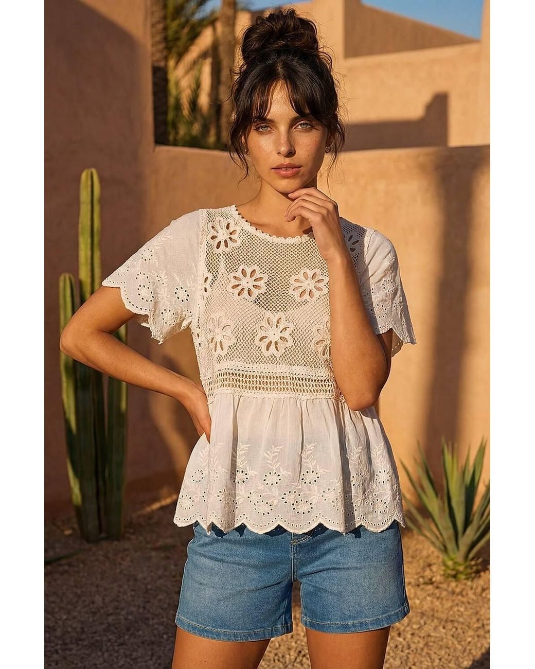 D.u.s.k Natural Floral Crochet Tunic Top