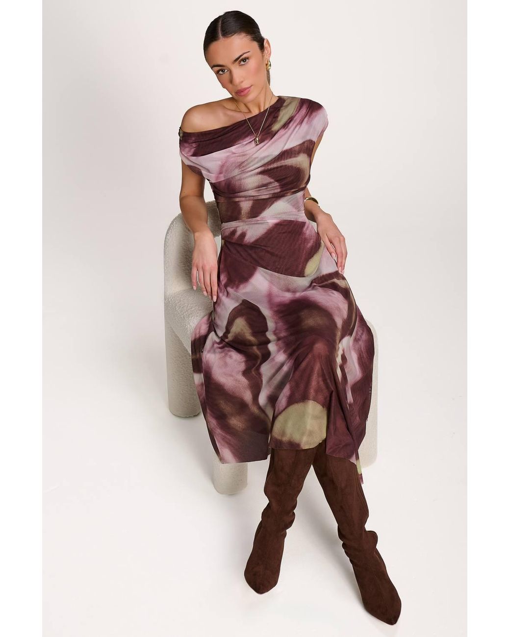 Jolie Moi Multicolor Asymmetric Draped Mesh Dress