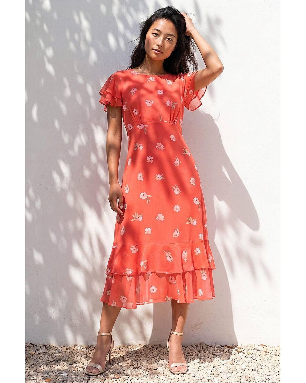 Roman Petite Floral Chiffon Frill Tiered Midi Dress