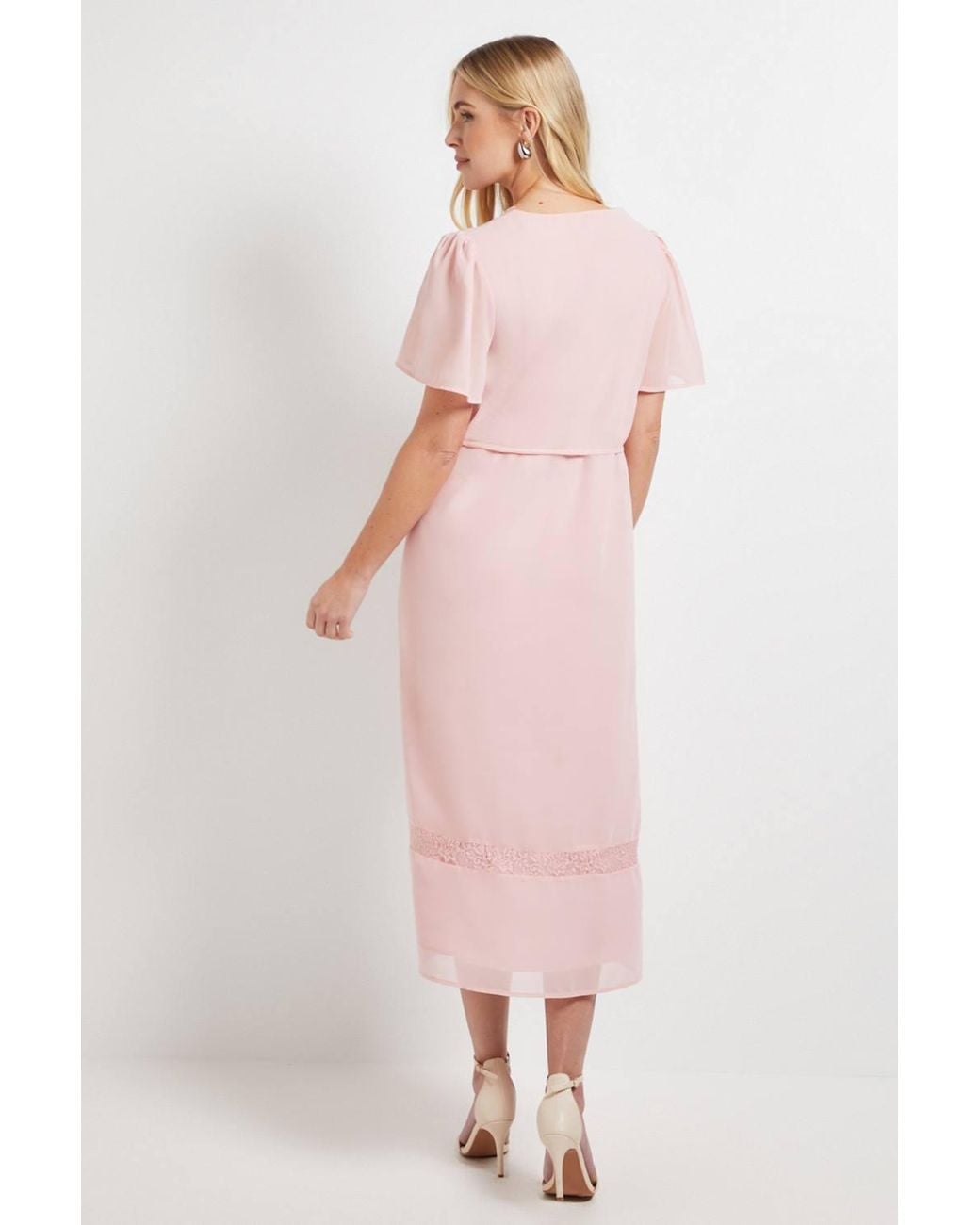 Wallis Pink Petite Chiffon Lace Insert Midi Dress