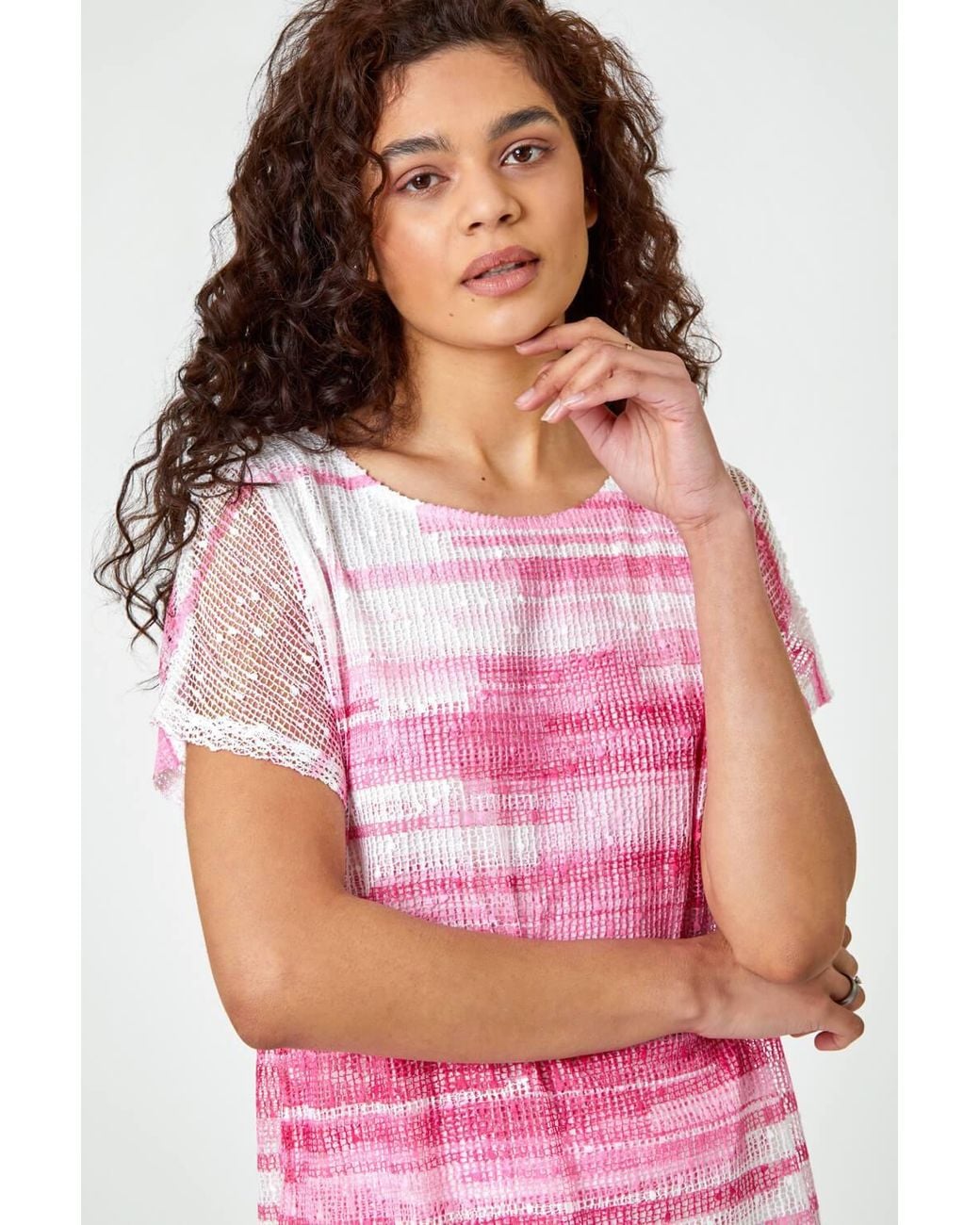 Roman Red Stripe Print Mesh Overlay Top